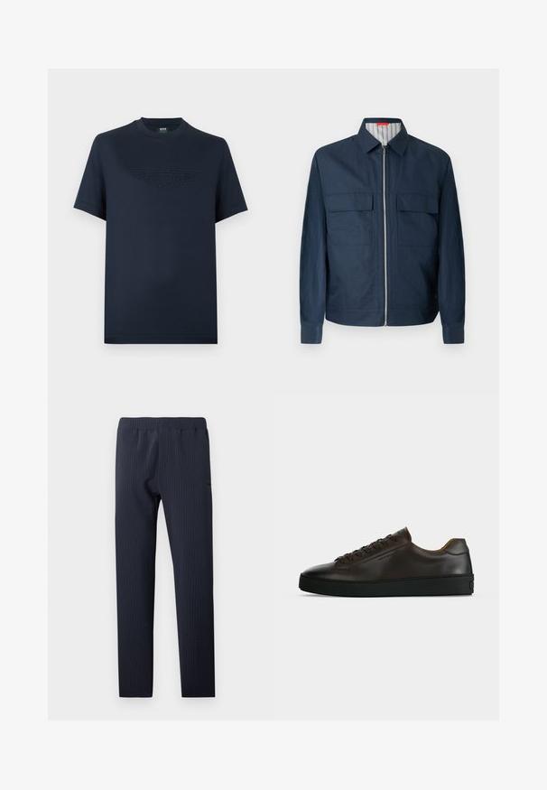 Veste zippée bleu marine avec col chemise, deux poches avant à rabat, manches longues et doublure intérieure rayée visible au niveau du col.; T-shirt en coton bleu marine à manches courtes, avec un logo ailé Aston Martin texturé sur le devant. Col rond classique, coupe décontractée.; Pantalon bleu marine à jambe droite avec taille élastique et texture subtile à rayures verticales, adapté pour une tenue décontractée ou professionnelle.; Baskets basses en cuir marron foncé avec semelle en caoutchouc noire, lacets à l'avant et design minimaliste épuré sur fond clair.