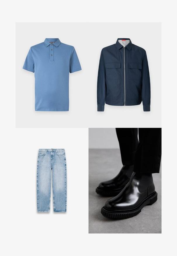 Marineblå lynlåstrøje med skjortekrave, to forlommer med klap, lange ærmer og stribet inderfor synligt ved kraven.; Blå kortærmet poloshirt med klassisk krave, tre-knaps stolpelukning og diskret "MK" logo på venstre bryst.; Lyseblå denimjeans med lige ben, fem lommer, bæltestropper og lukning med knap og lynlås foran på hvid baggrund.; Sorte læder Chelsea støvler med en glat overflade, elastiske sidepaneler og en tykkere, struktureret gummisul med et robust dækmønster.