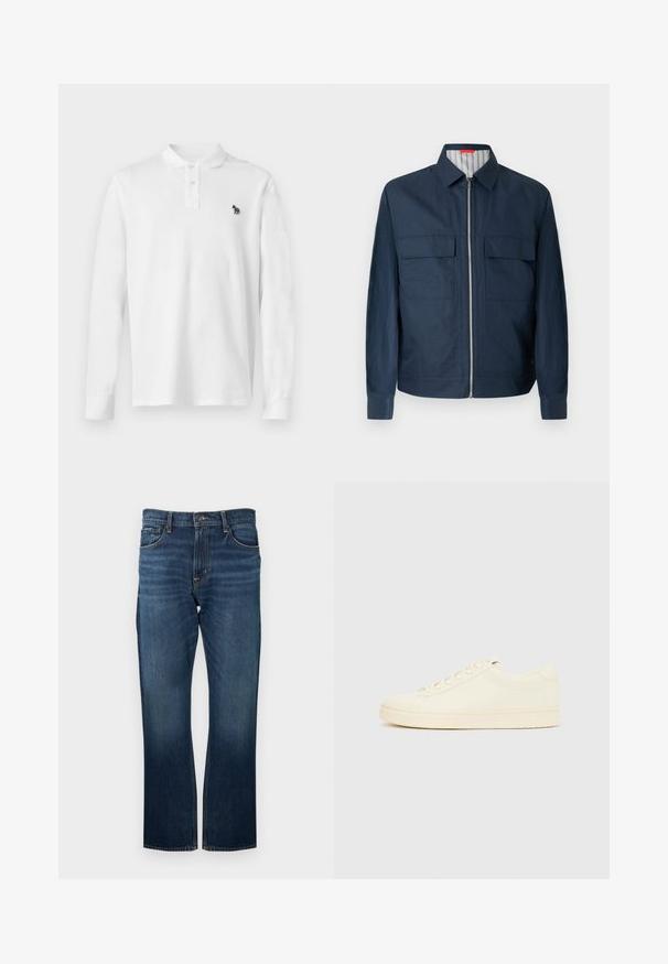 Veste zippée bleu marine avec col chemise, deux poches avant à rabat, manches longues et doublure intérieure rayée visible au niveau du col.; Polo blanc à manches longues avec col boutonné et petit logo zèbre noir brodé sur la poitrine gauche.; Jean en denim bleu foncé avec une coupe droite, présentant des coutures visibles et une ceinture standard avec une fermeture à bouton en métal.; Baskets couleur crème avec une tige en cuir lisse, bout arrondi, laçage à l'avant et semelle en caoutchouc texturée. Design minimaliste, sans logo.