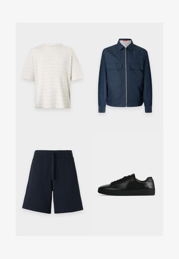 Σκούρο μπλε μπουφάν με φερμουάρ, γιακά πουκάμισου, δύο μπροστινές τσέπες με καπάκι, μακριά μανίκια και ριγέ εσωτερική επένδυση ορατή στον γιακά.; Κρεμ πλεκτό τοπ με κοντά μανίκια, διακριτικές οριζόντιες ρίγες και στρογγυλή λαιμόκοψη σε λευκό φόντο.; Σορτς σε navy μπλε με πλέξη βάφλας, ελαστική μέση και κορδόνι μπροστά, μήκος μέχρι το γόνατο και casual στυλ.; Μαύρο δερμάτινο χαμηλό αθλητικό παπούτσι με μαύρα κορδόνια και χοντρή μαύρη σόλα, εμφανίζεται από το πλάι σε ανοιχτό γκρι φόντο.