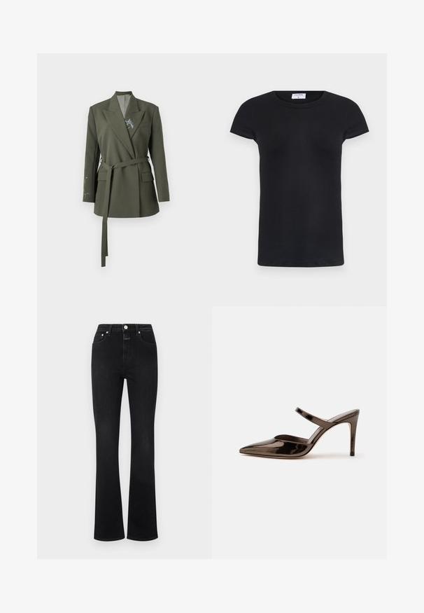 Olivegrüner Blazer mit taillierter Passform, Reverskragen und tailliertem Bund. Mit floralem Stickmuster auf dem linken Ärmel und Seitentaschen.; Schwarzes geripptes T-Shirt mit rundem Halsausschnitt und kurzen Ärmeln. Weicher Stoff mit figurbetonter Passform, ausgestattet mit einem Etikett am Hals.; Schwarze, ausgestellte Jeans aus Denim mit hoher Taille, fünf Taschen, goldfarbener Hardware und glatter Textur.; Glänzender dunkelbrauner Mule mit spitzer Spitze und hohem Absatz mit schmalem Riemen über dem Spann vor weißem, einfachem Hintergrund.