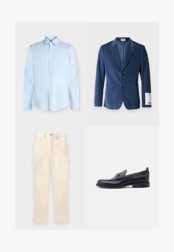 Donkerblauwe corduroy blazer met ingezette revers, twee voorzakken, enkele knoopsluiting en een witte manchetkant met merkaccent.; Lichtblauw heren overhemd met lange mouwen, knoopsluiting aan de voorkant en een puntige kraag, afgebeeld tegen een witte achtergrond.; Crèmekleurige rechtvallende spijkerbroek met knopen en rits aan de voorkant, voor- en achterzakken, en lussen voor een riem, afgebeeld op een effen achtergrond.; Zwarte leren loafer met grijze, gestructureerde vamp, zilveren metalen gesp, lage hak en trekkoord aan de achterkant.