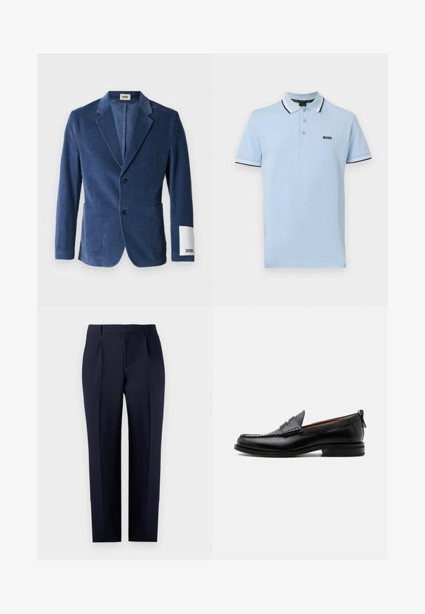 Marineblauer Cord-Blazer mit Kerbkragen, zwei Vordertaschen, Ein-Knopf-Verschluss und weißem Manschettenakzent mit Markenlogo.; Hellblaues kurzärmliges Poloshirt mit schwarz-weißem Besatz an Kragen und Ärmeln, drei Knöpfen und dem "BOSS"-Logo auf der Brust.; Marineblaue, maßgeschneiderte Hose aus strukturiertem Stoff, mit geradem Schnitt, Vorderfalten und einem klassischen Bund mit Gürtelschlaufen.; Schwarzer Leder-Herrenschuh mit Mokassinnaht, Penny-Riemen, strukturiertem Kragen und niedrigem gestapeltem Absatz auf weißem Hintergrund.