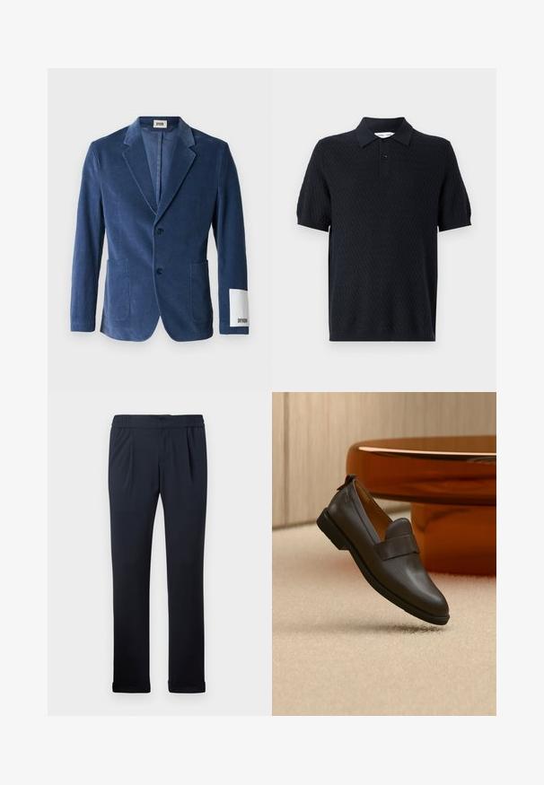 Blazer de pana azul marino con solapas de muesca, dos bolsillos delanteros, cierre de un solo botón y un detalle de puño blanco con marca.; Polo negro con un patrón texturizado de zigzag, mangas cortas y un cuello con dos botones. Fabricado con un tejido transpirable.; Pantalones azul marino de tela suave, con cintura elástica, pliegues en la parte delantera y dobladillos con puños. Textura suave, diseño minimalista.; Mocasín de cuero marrón oscuro con un tacón bajo flotando sobre una alfombra beige, junto a una mesa brillante, redondeada y de color ámbar.