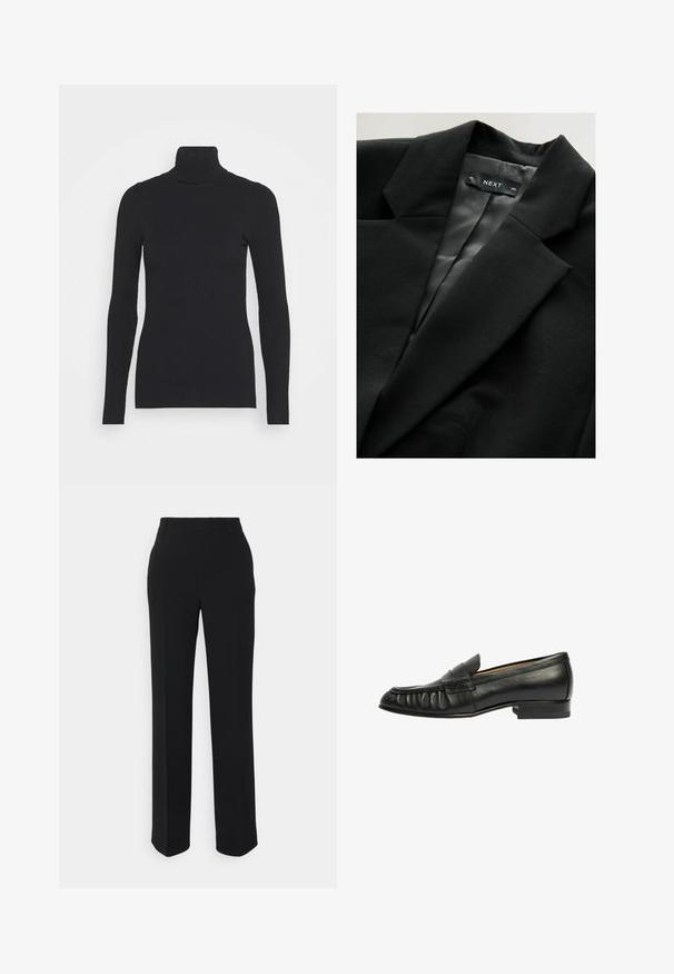 Zwarte blazer met een gladde, matte textuur, voorzien van een gesneden kraag en satijnen voering. Het label binnen de kraag zegt "NEXT".; Zwarte geribde coltrui met lange mouwen en een aansluitende pasvorm. De textuur is glad met een horizontaal ribpatroon.; Zwarte, rechte pantalon met een gladde textuur. Beschikt over een tailleband en heeft geen zichtbare patronen of accenten. Klassiek en op maat gemaakt ontwerp.; Scarosso Instappers - black calf