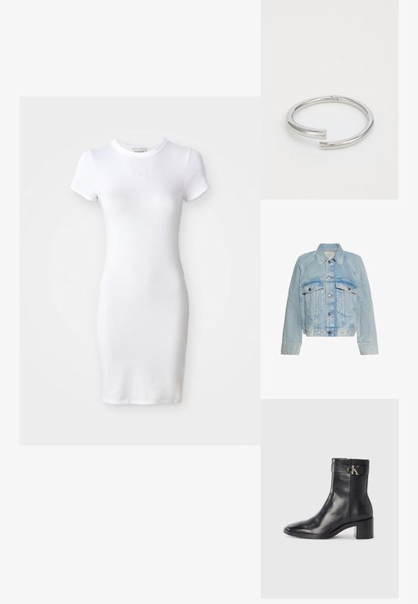 Svetlomodrá rifľová bunda so zapínaním na gombíky, dvoma náprsnými vreckami s chlopňou a golierom, s logom Calvin Klein na spodnom leme.; Biely bavlnený šaty s krátkymi rukávmi, priliehavý strih a okrúhlym výstrihom. Obsahuje malé vyšívané logo na hrudi.; Čierne kožené členkové čižmy s špicatou špičkou, blokovým podpätkom a pásikom s kovovým logom. Hladká textúra a minimalistický dizajn.; Calvin Klein SPIRAL - Náramok - silver-coloured