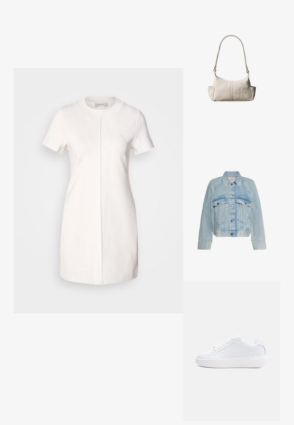 Svetlomodrá rifľová bunda so zapínaním na gombíky, dvoma náprsnými vreckami s chlopňou a golierom, s logom Calvin Klein na spodnom leme.; Calvin Klein Jeans MILANO T SHIRT DRESS - Džersejové šaty - tofu; Biely nízky topánok s viazaním na šnúrky, hrubou podrážkou a hladkým zvrškom, zobrazený z vonkajšej strany na jednoduchom svetlom pozadí.; Malá béžová kožená kabelka cez rameno s nastaviteľným popruhom a vyrazeným logom Calvin Klein v prednej časti v strede.
