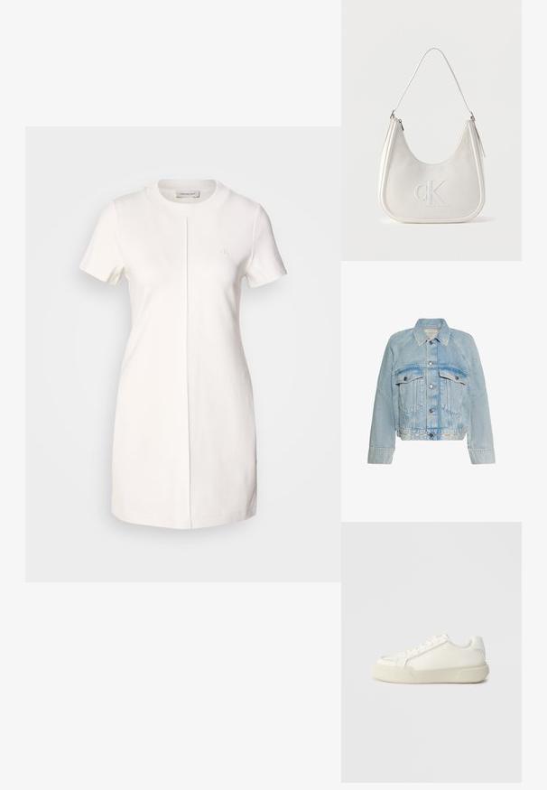 Svetlomodrá rifľová bunda so zapínaním na gombíky, dvoma náprsnými vreckami s chlopňou a golierom, s logom Calvin Klein na spodnom leme.; Calvin Klein Jeans MILANO T SHIRT DRESS - Džersejové šaty - tofu; Biele tenisky vyrobené z hladkej kože, s okrúhlou špičkou, šnurovaním vpredu a hrubou gumovou podrážkou s ostrým dizajnom.; Biely kožený ramenný vak so zipsovým uzáverom, zakriveným tvarom a vyvýšeným vyrazeným logom CK na prednej strane.
