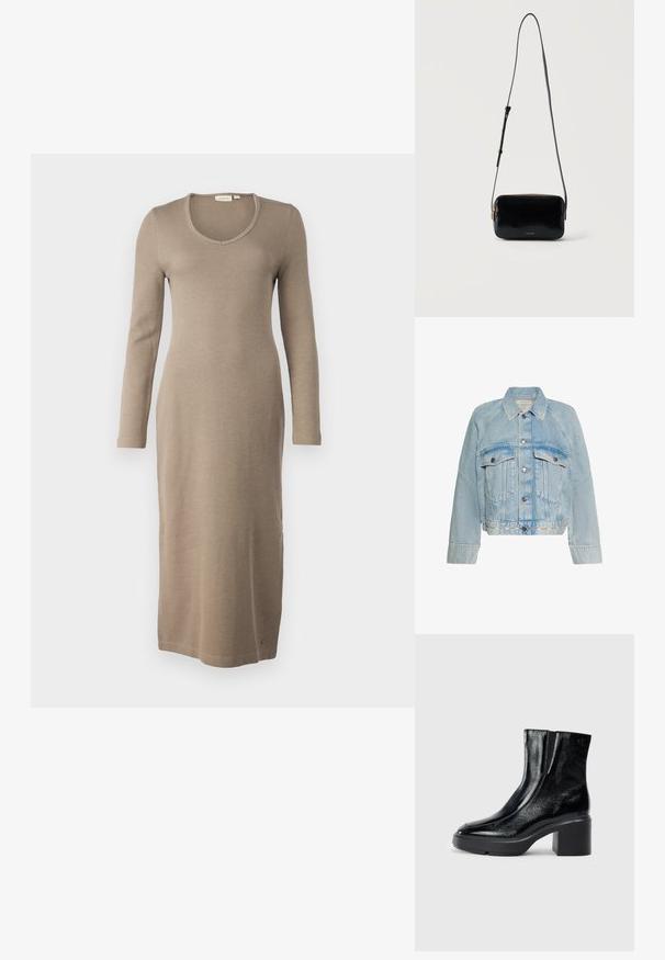 Svetlomodrá rifľová bunda so zapínaním na gombíky, dvoma náprsnými vreckami s chlopňou a golierom, s logom Calvin Klein na spodnom leme.; Dlhý rukáv rebrované šaty v svetlom taupe. Obsahuje výstrih do lodičky a rovný siluetu, s lemom, ktorý pada za kolená.; Čierne lakované členkové topánky s zakrivenou špičkou, elastickými bočnými panelmi a masívnym blokovým opätkom. S embosovaným logom na zadnej strane.; Malá čierna obdĺžniková crossbody taška s dlhým nastaviteľným popruhom a zlatým zipsom, logo Calvin Klein vpredu.