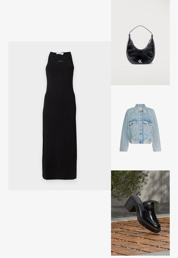 Chaqueta vaquera azul claro con cierre de botones, dos bolsillos de solapa en el pecho y cuello, con el logo de Calvin Klein en la tira del dobladillo inferior.; Vestido largo sin mangas de color negro en un tejido suave, con un escote alto y una silueta sencilla. Marca sutil en el pecho.; Mule tipo slip-on de cuero negro de Calvin Klein con tacón de bloque descansando sobre baldosas de madera al aire libre cerca de una planta verde y una pared gris.; Bolso de mano de cuero negro en forma de media luna con asa corta y logotipo "cK" plateado en el frente, cierre de cremallera en la parte superior.