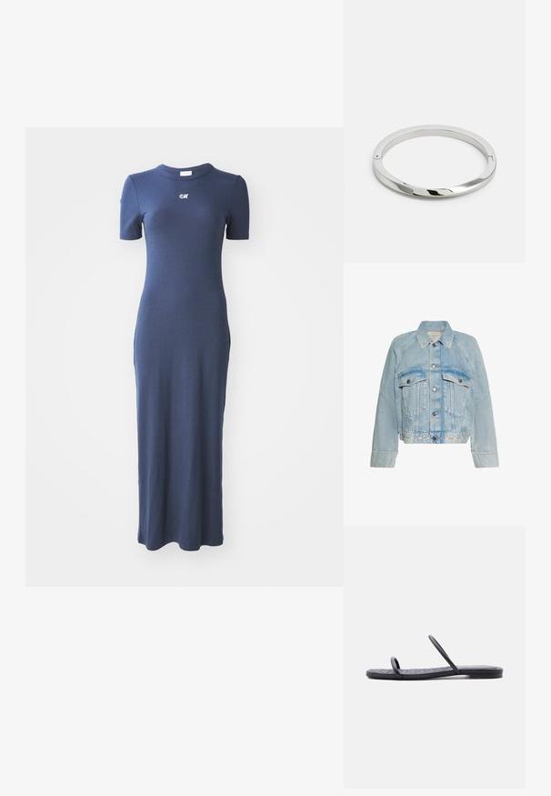 Svetlomodrá rifľová bunda so zapínaním na gombíky, dvoma náprsnými vreckami s chlopňou a golierom, s logom Calvin Klein na spodnom leme.; Námořnickomodré šortky s ribovaným úpletem, přiléhavý střih, krátké rukávy a kulatý výstřih. Vybaveno malým logem na hrudi.; Čierna plochá sandála s tenkou prešívanou podrážkou a dvoma úzkymi remienkami cez prsty a stred chodidla, zobrazená z bočného profilu na bielom pozadí.; Strieborný kovový náramok so hladkým, lesklým povrchom a plochými hranami. Má otvorený kruhový dizajn s jemným detailom zapínania.