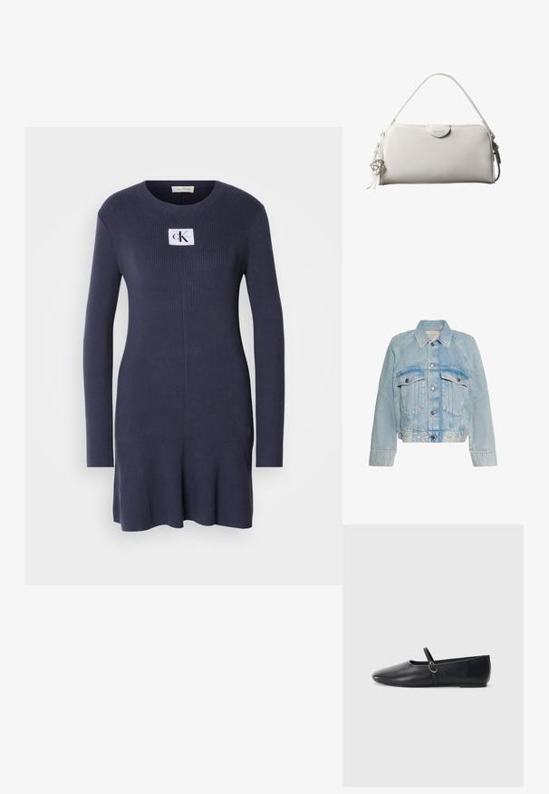 Lichtblauwe spijkerjasje met knoopsluiting, twee klepzakken op de borst en een kraag, met Calvin Klein-logo op de onderste zoomband.; Marineblauw ribgebreid jurkje met lange mouwen en een uitlopende zoom. Heeft een witte patch met het logo "CK" op de borst. Zachte textuur.; Zwarte leren balletschoenen met een spitse neus, platte zool en een kleine strap met een zilveren gespsluiting.; Witte rechthoekige Calvin Klein handtas met enkele handgreep, minimalistisch ontwerp en decoratieve kwastjes met geometrische metalen hanger aan de zijkant.