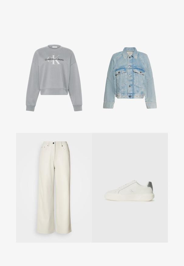 Hellblaue Jeansjacke mit Knopfverschluss, zwei Brusttaschen mit Klappen und einem Kragen, mit Calvin Klein Logo am unteren Saum.; Hellgraues, kurz geschnittenes Sweatshirt mit langen Ärmeln, auf der Vorderseite mittig mit weißem "cK" und schwarzem "Calvin Klein Jeans" Logo.; Cremefarbene weit geschnittene Hose aus glattem Stoff. Sie hat eine mittlere Leibhöhe, einen Reißverschluss und zwei vordere Taschen mit schwarzen Hardware-Elementen.; Weißer Sneaker aus Leder mit glatter Textur, ausgestattet mit einem silbernen Akzent an der Ferse, flacher Sohle und minimalistischem Design.