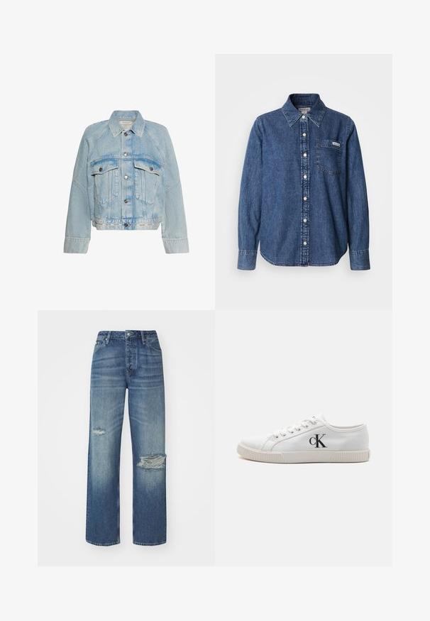 Svetlomodrá rifľová bunda so zapínaním na gombíky, dvoma náprsnými vreckami s chlopňou a golierom, s logom Calvin Klein na spodnom leme.; Modrá rifľová košeľa s dlhými rukávmi, zapínaním na gombíky vpredu, golierom, jedným náprsním vreckom a jemnými švami. Hladká textúra a voľný strih.; Svetlomodré džínsy s vysokým pásom, rovnými nohavicami, jemným opotrebovaním a dvoma poškodenými miestami na prednej strane nad kolenami.; Biele plátené tenisky s nízkym dizajnom, s gumovou podrážkou a čiernym logom "CK" na boku. Šesť dierok so bielymi šnúrkami.