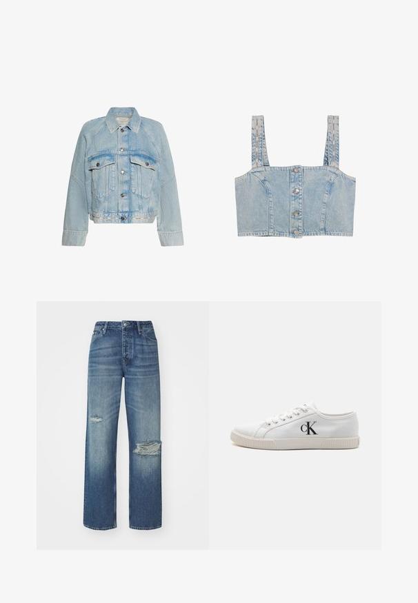 Svetlomodrá rifľová bunda so zapínaním na gombíky, dvoma náprsnými vreckami s chlopňou a golierom, s logom Calvin Klein na spodnom leme.; Svetlomodrý denim crop top so štyrmi prednými gombíkmi a značkovými ramienkami.; Svetlomodré džínsy s vysokým pásom, rovnými nohavicami, jemným opotrebovaním a dvoma poškodenými miestami na prednej strane nad kolenami.; Biele plátené tenisky s nízkym dizajnom, s gumovou podrážkou a čiernym logom "CK" na boku. Šesť dierok so bielymi šnúrkami.