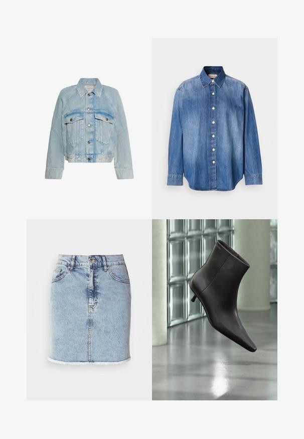 Hellblaue Jeansjacke mit Knopfverschluss, zwei Brusttaschen mit Klappen und einem Kragen, mit Calvin Klein Logo am unteren Saum.; Denim Knopfhemd, hellblaue Farbe, lange Ärmel, klassischer Kragen, Vorderknöpfe und leicht abgerundeter Saum. Glatte Textur.; Hellblauer Jeansrock mit geradem Schnitt, ausgefranstem Saum, Fünf-Taschen-Design und Knopfverschluss auf der Vorderseite. Glatte Textur mit ausgewaschenen Akzenten.; Schwarzer Leder-Knöchelstiefel mit spitzer Spitze und kleinem Absatz vor einer Wand aus Glasbausteinen und einem polierten Boden.