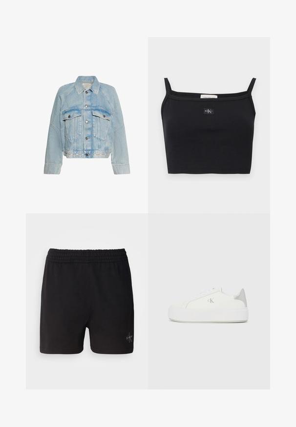 Lichtblauwe spijkerjasje met knoopsluiting, twee klepzakken op de borst en een kraag, met Calvin Klein-logo op de onderste zoomband.; Zwart geribbeld cropped topje met dunne bandjes en een klein Calvin Klein-logo patch in het midden van de borst.; Zwarte katoenen shorts met een elastische tailleband en het Calvin Klein-logo in zilver in de rechteronderhoek. Gladde textuur.; Witte canvas sneakers met een dikke witte zool, voorzien van een metallic zilveren accent op de hiel en een subtiel logo detail aan de zijkant.