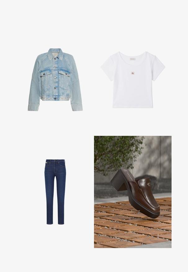 Svetlomodrá rifľová bunda so zapínaním na gombíky, dvoma náprsnými vreckami s chlopňou a golierom, s logom Calvin Klein na spodnom leme.; Biely krátky top s krátkym rukávom, okrúhlym výstrihom a malým červeno-čiernym logom Calvin Klein v strede na hrudi.; Tmavomodré úzke džínsy s prednými vreckami, pásikovými očkami a zapínaním na gombík, zobrazené na bielom pozadí.; Hnedý kožený Calvin Klein šľapák na podpätku vznášajúci sa nad prírodnou dlažbou s rozmazanou zelenou rastlinou a stenou v pozadí.