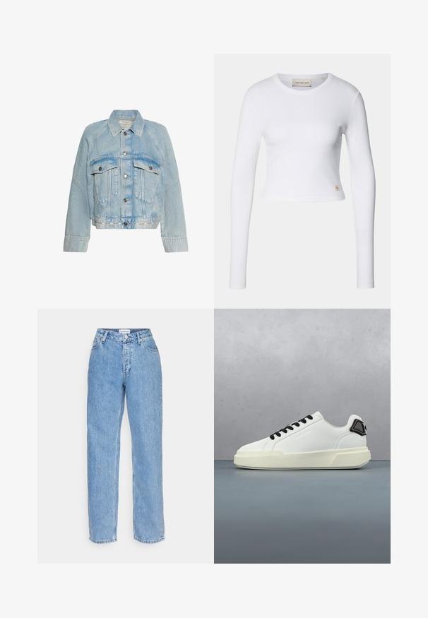 Svetlomodrá rifľová bunda so zapínaním na gombíky, dvoma náprsnými vreckami s chlopňou a golierom, s logom Calvin Klein na spodnom leme.; Biely dlhý rukáv top s krátkym strihom vyrobený z rebrovanej látky. Má okrúhly výstrih a malú logovú nášivku na dolnej ľavej strane.; Svetlo modré rifľové nohavice so strihom rovného nohavicu, s gombíkom a zipsom, piatimi vreckami a stredne vysokým pásom.; Biela teniska s čiernymi šnúrkami a detailom na päte vznášajúca sa nad drevenou plochou vonku pri zelenej vegetácii a betónovej stene.