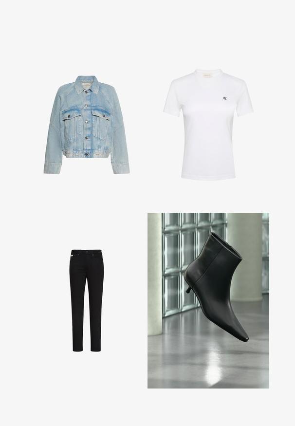 Lyseblå denimjakke med knaplukning, to brystlommer med klap og en krave, med Calvin Klein-logo på bundkanten.; Hvid T-shirt med korte ærmer og rund halsudskæring med lille sort "cK"-logo på venstre bryst og Calvin Klein Jeans-label indeni kraven.; Sorte slim-fit jeans med knap og lynlås foran, med for- og baglommer samt et lille mærke på den højre forlomme.; Sort læderankelstøvle med spids tå og lav kitten-hæ, vist vinklet mod en poleret gulv- og glasblokvæg.