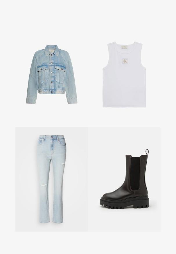 Hele sinine teksajakk nööpidega, kahe klapiga rinna tasku ja kraega, alumisel äärel Calvin Kleini logo.; Valge varrukateta tanktop koos Calvin Klein Jeans sildiga rinnal ja sildiga kaeluse lähedal valgel taustal.; Heledad sinised, kõrge vöökohaga teksad, sirge jala disainiga. Kulunud detailide hulka kuuluvad kaks suurt rebenemist ees ja narmendav äär.; Pruunid nahast pahkluu saapad tekstureeritud elastse paneeliga, paks must kummitald ja tõmbenöör. Suurejooneline disain koos minimaalsete õmblustega.