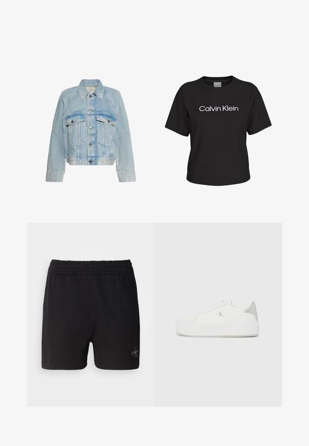Lyseblå denimjakke med knaplukning, to brystlommer med klap og en krave, med Calvin Klein-logo på bundkanten.; Sort T-shirt med korte ærmer og "Calvin Klein" trykt i hvidt, centreret på forsiden.; Sorte bomuldsshorts med elastisk talje og Calvin Klein-logo i sølv i nederste højre hjørne. Glat tekstur.; Hvide lærredssneakers med en tyk hvid sål, prydet med en metallic sølvaccent på hælen og en diskret logo-detalje på siden.