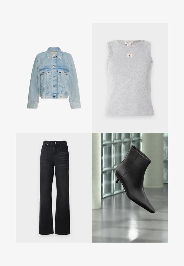 Svetlomodrá rifľová bunda so zapínaním na gombíky, dvoma náprsnými vreckami s chlopňou a golierom, s logom Calvin Klein na spodnom leme.; Sivý top bez rukávov vyrobený z rebrovanej látky, s okrúhlym výstrihom a malou nášivkou CK na prednej strane. Jednoduchý a priliehavý dizajn.; Čierne riflové široké nohavice s vysokým pásom, dizajnom s piatimi vreckami a strieborným kovovým gombíkom. Látka má hladkú textúru a jemný elastický pocit.; Čierna kožená členková obuv s ostrou špičkou a nízkym podpätkom, zobrazená na pozadí steny zo sklenených blokov a leštenej podlahy.