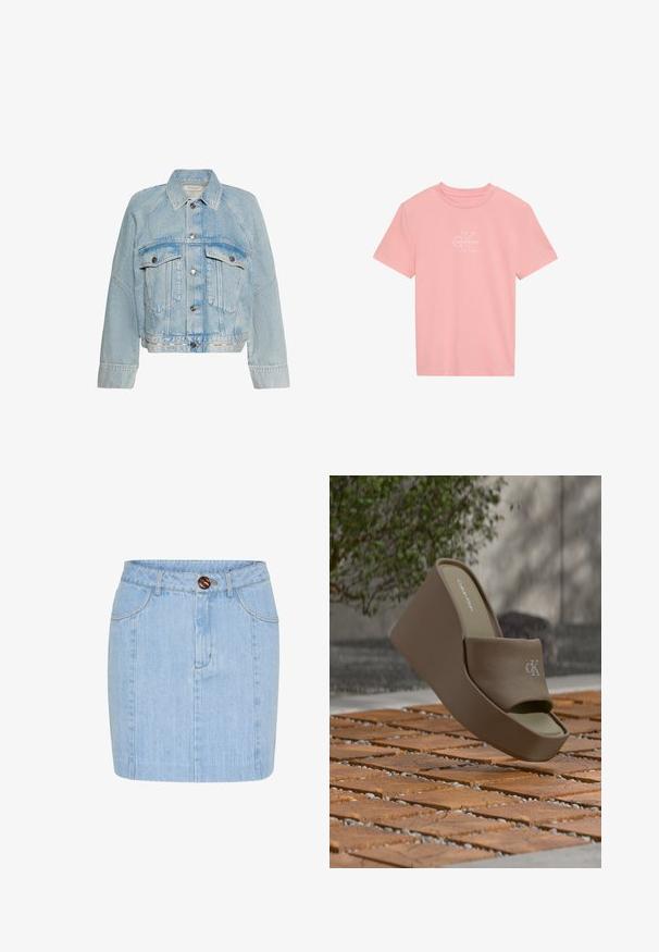 Svetlomodrá rifľová bunda so zapínaním na gombíky, dvoma náprsnými vreckami s chlopňou a golierom, s logom Calvin Klein na spodnom leme.; Ružové tričko s krátkym rukávom a okrúhlym výstrihom s bielym logom Calvin Klein "CK" v strede na hrudi.; Svetlomodrá džínsová sukňa so rovný strihom, viditeľným prešitím a hnedým gombíkom v páse. Dĺžka do polovice stehna.; Hnedá platformová šľapka Calvin Klein s textilným remienkom a vyrazeným logom "ck" na drevenej dlaždicovej podlahe vonku.