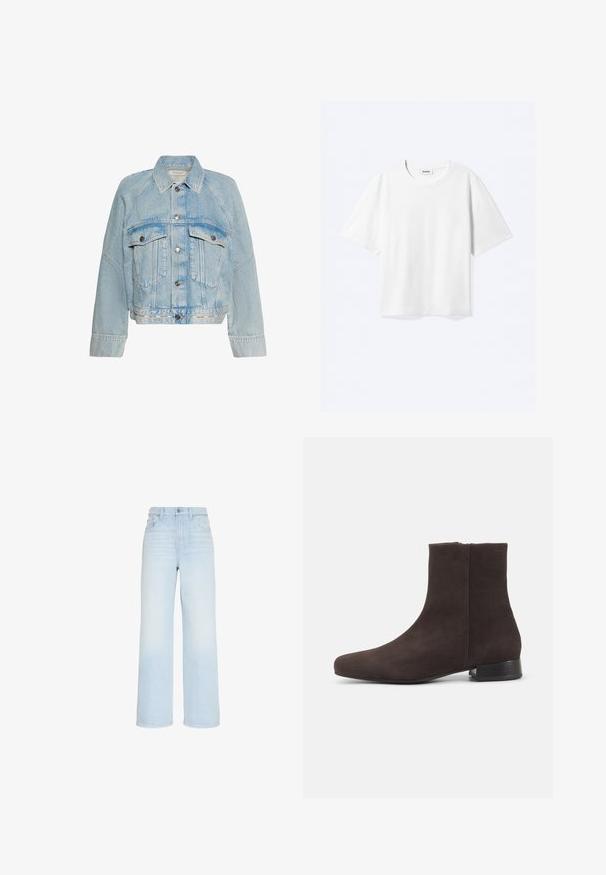 Veste en jean bleu clair avec fermeture à boutons, deux poches poitrine à rabat et un col, avec le logo Calvin Klein sur la bande inférieure de l'ourlet.; T-shirt blanc à manches courtes avec col rond et ourlet droit, étiquette de marque "WEEKDAY" à l’intérieur de l’encolure.; Jean large taille haute bleu clair avec fermeture boutonnée et zippée devant, passants de ceinture, poches avant et arrière.; Bottine en daim brun foncé avec petit talon bloc et fermeture éclair latérale, bout arrondi élégant, sur fond clair uni.