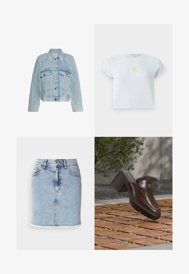 Lichtblauwe spijkerjasje met knoopsluiting, twee klepzakken op de borst en een kraag, met Calvin Klein-logo op de onderste zoomband.; Lichtblauwe, geribde crop top met korte mouwen en een gele CK-logo op de borst. Eenvoudig, aansluitend ontwerp met een ronde halslijn. Gladde textuur.; Lichtblauwe spijkerrok met een rechte snit, rafelige zoom, vijf zakken en een sluiting met knopen aan de voorkant. Vlotte textuur met vervaagde accenten.; Bruine leren Calvin Klein mule met hak die boven houten tegelvloer zweeft met een vervaagde groene plant en muur op de achtergrond.