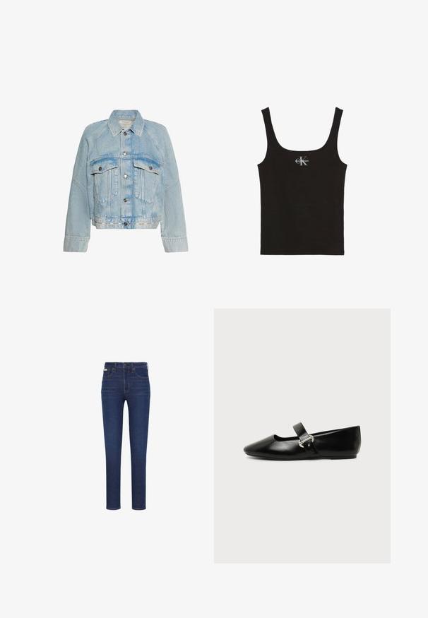 Svetlomodrá rifľová bunda so zapínaním na gombíky, dvoma náprsnými vreckami s chlopňou a golierom, s logom Calvin Klein na spodnom leme.; Čierne rebrované tielko so širokými ramienkami a bielym logom Calvin Klein uprostred na hrudi, na bielom pozadí.; Tmavomodré úzke džínsy s prednými vreckami, pásikovými očkami a zapínaním na gombík, zobrazené na bielom pozadí.; Čierna kožená Mary Jane balerína s zaoblenou špičkou a striebornou prackou na jednoduchom pozadí.