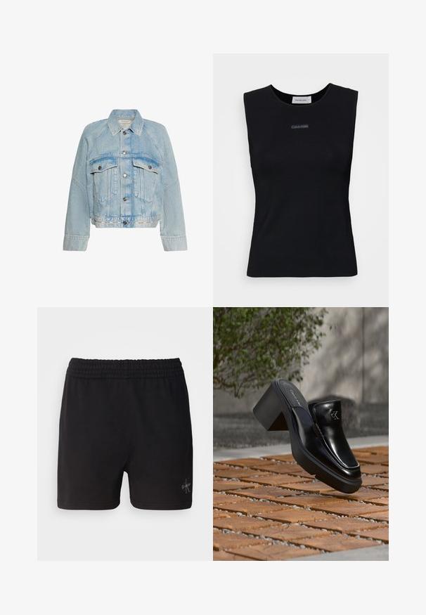 Lichtblauwe spijkerjasje met knoopsluiting, twee klepzakken op de borst en een kraag, met Calvin Klein-logo op de onderste zoomband.; Zwart mouwloos topje gemaakt van gladde stof. Heeft een ronde halslijn en een klein Calvin Klein-logo in het midden. Eenvoudig en aansluitend ontwerp.; Zwarte katoenen shorts met een elastische tailleband en het Calvin Klein-logo in zilver in de rechteronderhoek. Gladde textuur.; Zwarte leren Calvin Klein slip-on mule met blokhak rustend op houten tegels buiten, vlak bij een groene plant en een grijze muur.