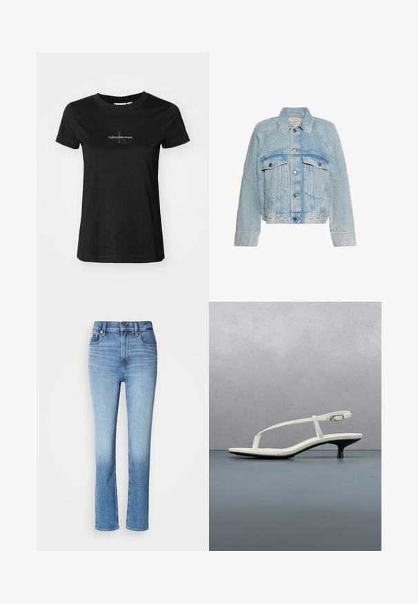 Chaqueta vaquera azul claro con cierre de botones, dos bolsillos de solapa en el pecho y cuello, con el logo de Calvin Klein en la tira del dobladillo inferior.; Camiseta negra de algodón con cuello redondo. Presenta un logo bordado de "Calvin Klein Jeans" en gris en el pecho. Mangas cortas.; Vaqueros de mezclilla azul con cintura alta, diseño de pierna recta, degradado de color desgastado y estilo de cinco bolsillos. Cierre de botón metálico y cremallera.; Sandalia blanca de tacón kitten con tiras y punta afilada, flotando sobre un suelo de baldosas de madera al aire libre, con un fondo desenfocado de plantas y pared.