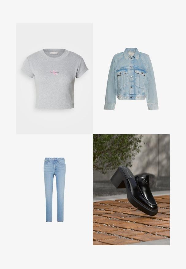 Lyseblå denimjakke med knaplukning, to brystlommer med klap og en krave, med Calvin Klein-logo på bundkanten.; Grå cropped t-shirt lavet af bomuld, med ribbet tekstur og korte ærmer. Viser et rosa Calvin Klein-logo på forsiden.; Lyseblå denimjeans, lige snit, fem-lommer stil, med forreste knap- og lynlås lukning, med subtile falmninger og syningsdetaljer.; Sort læder Calvin Klein slip-on mule med blokhæl, der hviler på trætøj udendørs nær en grøn plante og en grå væg.