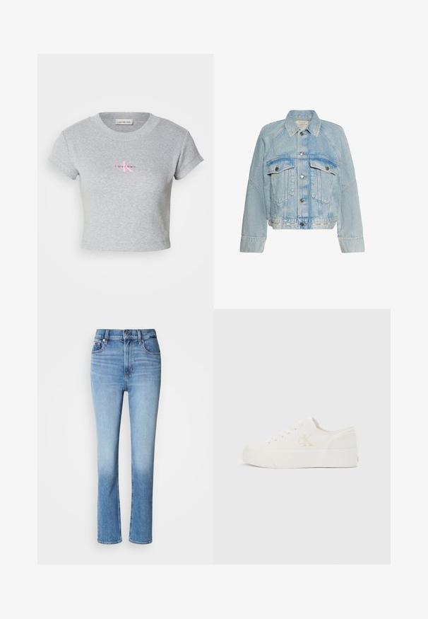 Chaqueta vaquera azul claro con cierre de botones, dos bolsillos de solapa en el pecho y cuello, con el logo de Calvin Klein en la tira del dobladillo inferior.; Camiseta gris corta de algodón, con textura de canalé y mangas cortas. Presenta un logo rosa de Calvin Klein en la parte delantera.; Vaqueros de mezclilla azul con cintura alta, diseño de pierna recta, degradado de color desgastado y estilo de cinco bolsillos. Cierre de botón metálico y cremallera.; Zapatilla blanca de corte bajo con suela gruesa y logo "cK" en el lateral, cierre de cordones en la parte delantera y diseño minimalista sobre fondo neutro.