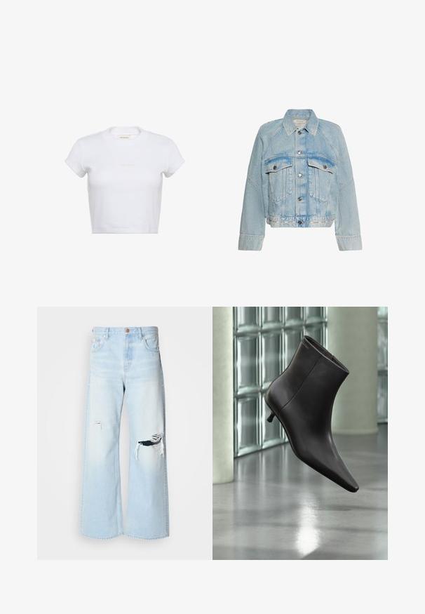 Lyseblå denimjakke med knaplukning, to brystlommer med klap og en krave, med Calvin Klein-logo på bundkanten.; Hvid cropped t-shirt med korte ærmer og ribbet tekstur. Har en rund halsudskæring og en diskret "Calvin Klein"-logo i lys farve foran.; Lyseblå brede jeans lavet af denim, med høj talje, store revner ved knæene og et klassisk fem-lomme design med kobberhardware.; Sort læderankelstøvle med spids tå og lille hæl vist mod en væg af glasblokke og poleret gulv baggrund.
