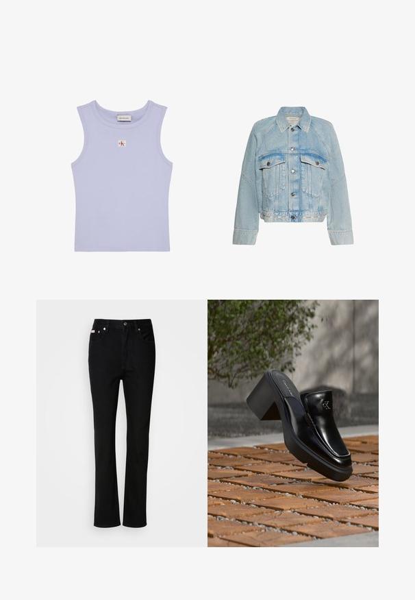 Veste en jean bleu clair avec fermeture à boutons, deux poches poitrine à rabat et un col, avec le logo Calvin Klein sur la bande inférieure de l'ourlet.; Crop top lilas côtelé sans manches avec encolure ronde et petit patch logo Calvin Klein rouge et blanc sur la poitrine.; Jean noir à coupe droite, avec bouton et fermeture éclair à l'avant, passants de ceinture et cinq poches.; Mule slip-on en cuir noir Calvin Klein avec talon bloc reposant sur des carreaux en bois à l'extérieur près d'une plante verte et d'un mur gris.