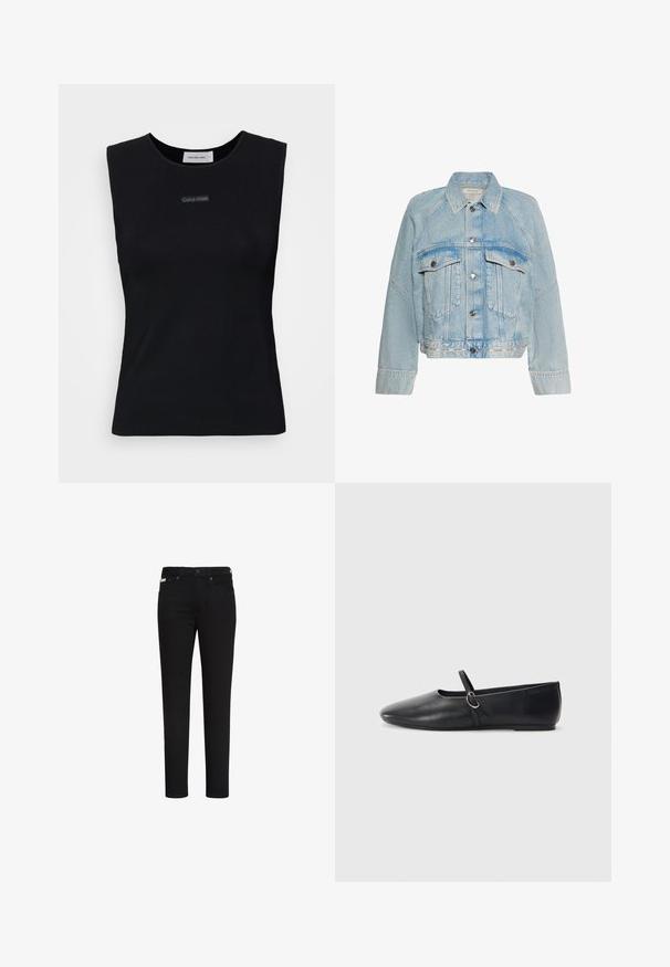 Veste en jean bleu clair avec fermeture à boutons, deux poches poitrine à rabat et un col, avec le logo Calvin Klein sur la bande inférieure de l'ourlet.; Top sans manches noir en tissu lisse. Doté d'un col rond et d'un petit logo Calvin Klein au centre. Design simple et ajusté.; Jean noir slim avec bouton et fermeture éclair à l’avant, avec poches avant et arrière et une petite étiquette sur la poche avant droite.; Ballerines noires en cuir avec un bout pointu, une semelle plate et une petite sangle avec un détail de boucle en argent.