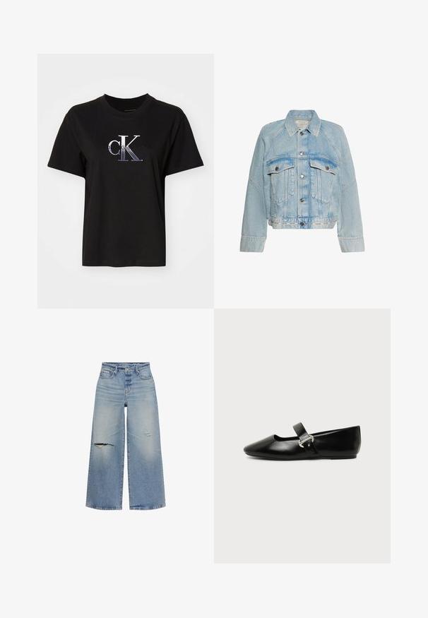 Lyseblå denimjakke med knaplukning, to brystlommer med klap og en krave, med Calvin Klein-logo på bundkanten.; Sort bomulds T-shirt med rund hals. Har et sølv broderet "cK" logo og teksten "Calvin Klein Jeans" under logoet. Korte ærmer.; Lyseblå denimbukser med vide ben og slidte detaljer, herunder to revner foran, samt et design med fem lommer.; Sort læder Mary Jane-flad sko med rundet tå og sølvspænde på ensfarvet baggrund.