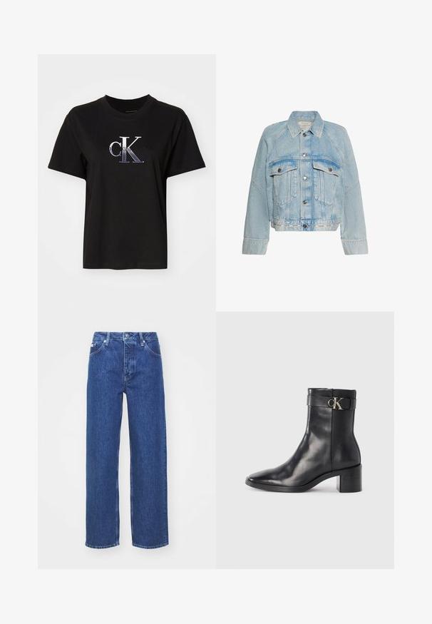 Chaqueta vaquera azul claro con cierre de botones, dos bolsillos de solapa en el pecho y cuello, con el logo de Calvin Klein en la tira del dobladillo inferior.; Camiseta de algodón negra con cuello redondo. Presenta un logo bordado en plata de "cK" y el texto "Calvin Klein Jeans" debajo del logo. Mangas cortas.; Jeans de mezclilla azul de pierna ancha con una cintura alta, con cierre de cremallera y botón, presillas para el cinturón y un ligero desgaste en la tela.; Bota de tobillo de cuero negra con punta afilada, tacón cuadrado y una correa con un detalle de logo metálico. Textura suave y diseño minimalista.