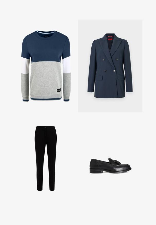 Marineblå dobbeltspændt blazer med hakkede revers, fire sorte knapper og lommer med klap foran, uden synlige detaljer af bæreren eller baggrund.; Oxmo OMAYA - Sweatshirt - insignia blue; Sorte, skræddersyede, slim-fit bukser med frontknap og lynlås, lige ben og mellemhøj talje, vist på en hvid baggrund.; Sorte læder loafers med en rund tå, flad hæl og en dekorativ kvast på forfoden. Glat tekstur med minimale syninger.
