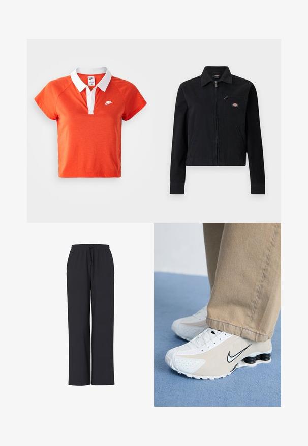 Schwarze Jacke mit Reißverschluss und Kragen, zwei unteren Taschen und einer Reißverschlusstasche auf der Brust mit einem kleinen bunten Logopatch.; Oranges Polohemd mit weißem Kragen, kurzen Ärmeln und Nike-Logo in Weiß auf der linken Brust. Hergestellt aus einem weichen Baumwollmischmaterial.; Schwarze, locker sitzende Hose mit elastischem Bund und vorderem Kordelzug, gerader Beinabschnitt, ohne sichtbare Taschen oder Muster.; Weiße und beigefarbene Nike-Sneaker mit durchlöchertem Design, schwarzem Swoosh-Logo, strukturiertem Obermaterial und auffälliger, federnder schwarzer Ferse.