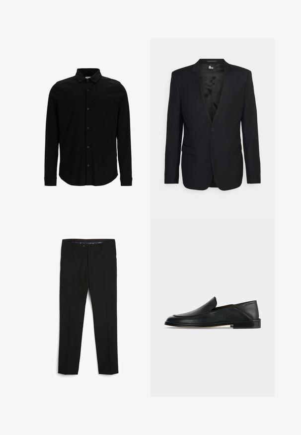 Schwarzer, taillierter Blazer aus glattem Stoff mit einem einzigen Knopfverschluss, zwei Vordertaschen und einem Revers.; Schwarzes Langarmhemd aus glattem Stoff, mit einer durchgehenden Knopfleiste, Kragen und dezentem besticktem Logo auf der Brust.; Next Stoffhose - black denim; Schwarzer Leder-Slipper mit niedrigem Absatz und abgerundeter Spitze, auf weißem Hintergrund dargestellt.