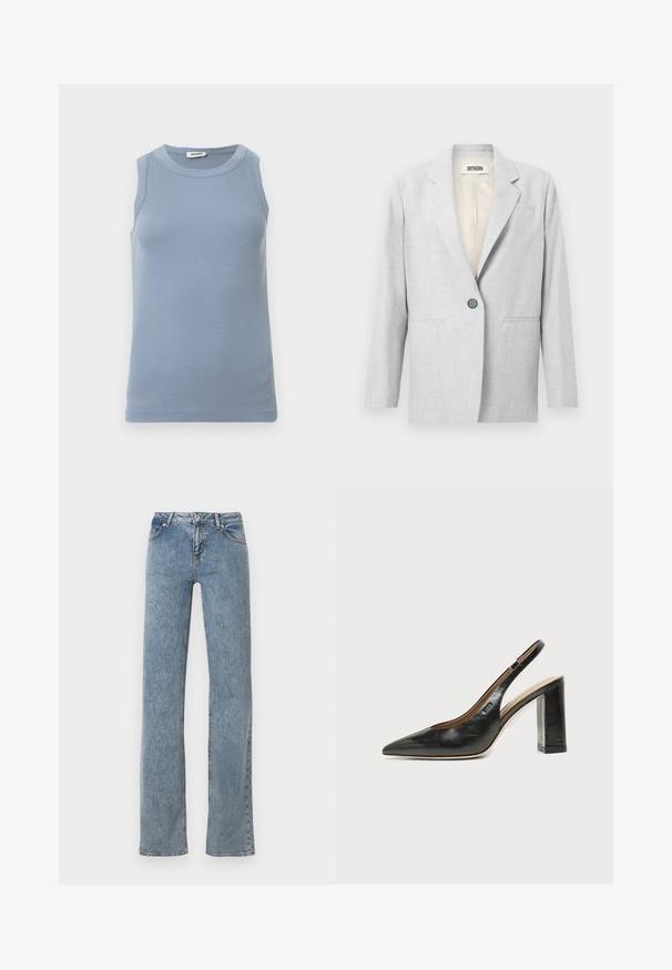 Blazer gris clair à un bouton avec revers crantés, deux poches fendues à l'avant et une doublure intérieure crème.; Haut bleu sans manches avec une texture côtelée, un col rond et une coupe ajustée. Le tissu semble lisse et léger.; Jean bleu à jambe droite avec taille haute, fermeture à boutons sur le devant, et design à cinq poches, présenté sur un fond blanc.; Chaussure slingback en cuir noir à bout pointu avec un talon bloc haut et une doublure intérieure beige sur un fond clair uni.