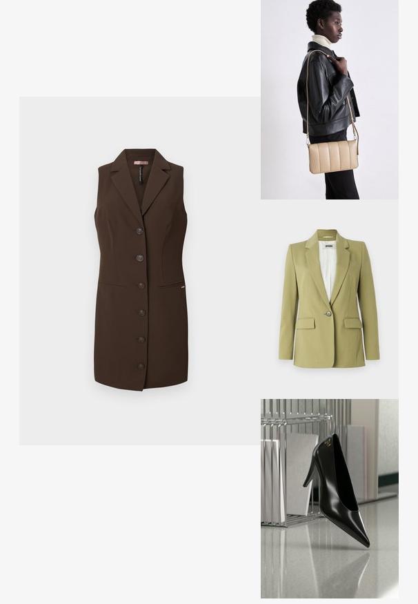 Olivgrüner Blazer aus glattem Stoff, mit einem einzigen Knopfverschluss, Reverskragen und zwei Vorderaschen.; Brauner ärmelloser Weste mit tailliertem Schnitt, Reverskragen und sechs Knopfverschlüssen. Verfügt über zwei Fronttaschen und eine glatte Textur.; Schwarzer High-Heel-Schuh mit spitzer Zehe und goldem Logo, auf einer reflektierenden Oberfläche nahe einem verchromten Draht-Organizer mit Dokumenten positioniert.; Beige Leder-Crossbody-Tasche mit gestepptem Muster, rechteckiger Form, dünnem Trageriemen und silberner Hardware, getragen von einer Person in einer schwarzen Jacke.