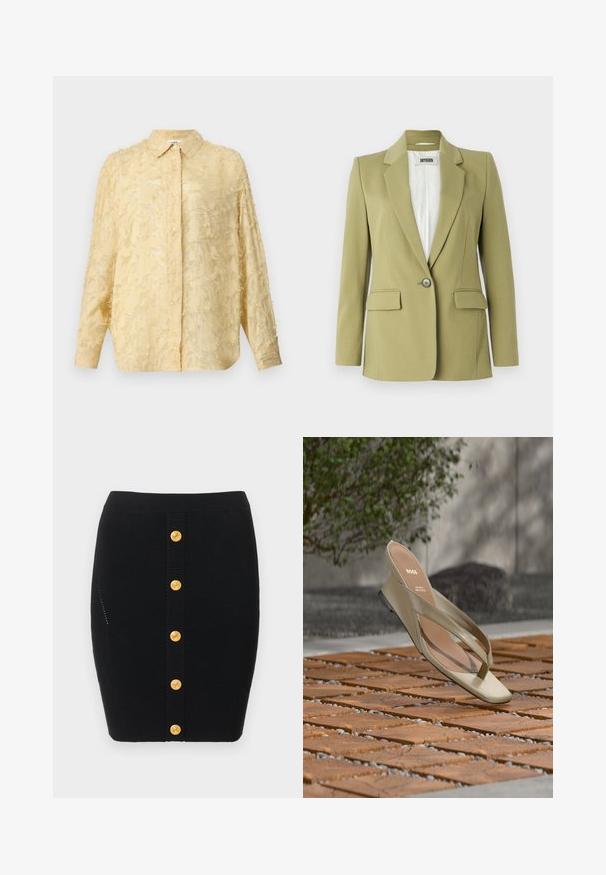 Blazer vert olive en tissu lisse, avec une fermeture à bouton unique, des revers crantés et deux poches avant.; Blouse jaune clair à manches longues, en tissu texturé avec des détails effilochés, fermeture à boutons et col défini. Présente une coupe décontractée.; Jupe en maille côtelée noire avec une rangée frontale de six boutons dorés, design ajusté et détail subtil de texture latérale.; Sandale à lanière en cuir beige avec le logo BOSS sur la semelle intérieure, flottant au-dessus d'une terrasse en lattes de bois avec du petit gravier entre les lattes.