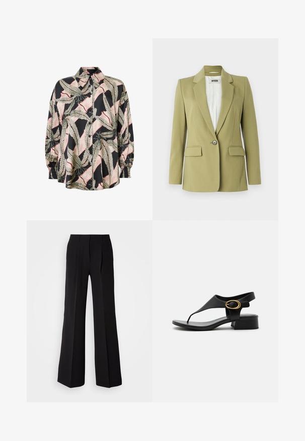Oliven grøn blazer lavet af glat stof, med en enkelt knaplukning, notchede reverser og to forlommer.; Skjorte med knapper i silke-blanding, der har en sort bund med et abstrakt bladmønster i grøn og pink. Pufærmer med elastiske manchetter.; Sorte bukser lavet af glat stof, med høj talje, bred ben silhuet og to frontfolder for ekstra design detaljer.; Sort læder sandal med åben tå, lav blokhæl, snorrem og guldfarvet oval spænde på sidesnoren omkring anklen.