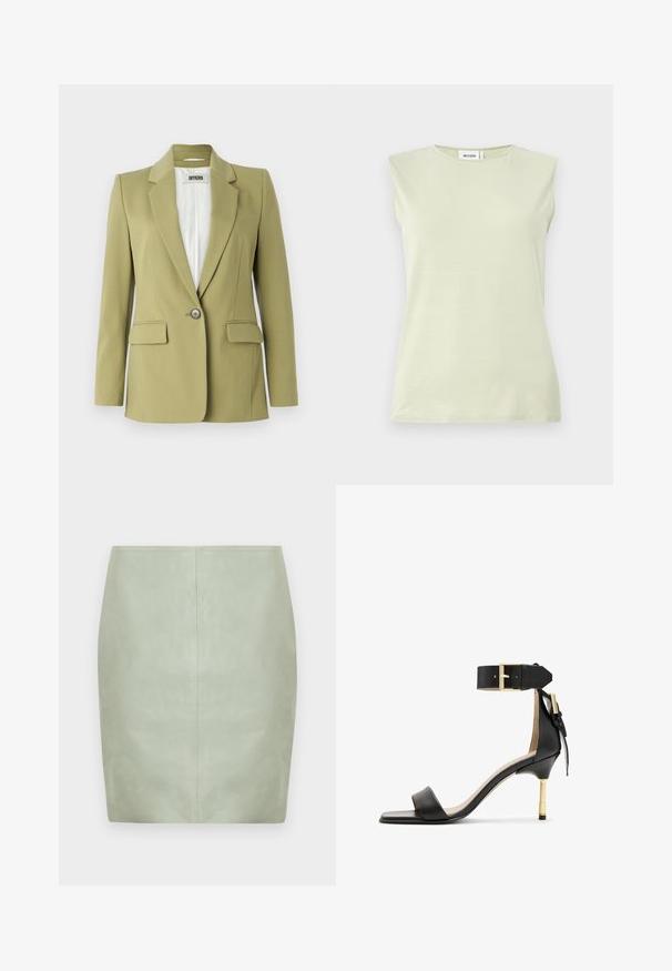 Blazer vert olive en tissu lisse, avec une fermeture à bouton unique, des revers crantés et deux poches avant.; Débardeur vert clair sans manches avec un col rond. Confectionné dans un tissu doux, il présente une texture lisse et un design minimaliste.; Mini jupe en cuir vert menthe à coupe slim, avec un design épuré et une couture centrale au dos. Texture lisse, sans accessoires visibles.; Sandale à talon en cuir noir avec un bout carré, une bride de cheville dotée d'une boucle en or et un talon métallique fin. Texture lisse, design minimaliste.