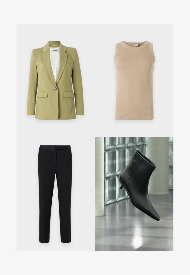 Blazer vert olive en tissu lisse, avec une fermeture à bouton unique, des revers crantés et deux poches avant.; Top sans manches beige en tissu côtelé avec un col rond, présentant des coutures ton sur ton et un design ajusté.; Pantalon noir avec une texture lisse, coupe droite et ceinture en satin. Présente des détails minimalistes et aucun motif ou accent visible.; Bottine en cuir noir à bout pointu et petit talon kitten, présentée en angle devant un sol poli et un mur en blocs de verre.