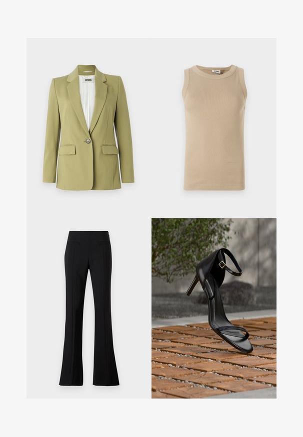 Blazer de color verde oliva hecho de una tela suave, con cierre de un solo botón, solapas con muesca y dos bolsillos frontales.; Top sin mangas beige fabricado con tejido acanalado, con cuello redondo, con costuras tonales y un diseño ajustado.; Pantalones acampanados negros hechos de una tela suave con una cintura alta, que cuentan con dos bolsillos traseros y una línea en el frente de cada pierna.; Sandalia negra de tacón alto con correa en el tobillo, parece suspendida sobre un suelo de baldosas de madera al aire libre, con un fondo difuminado de vegetación y piedra.